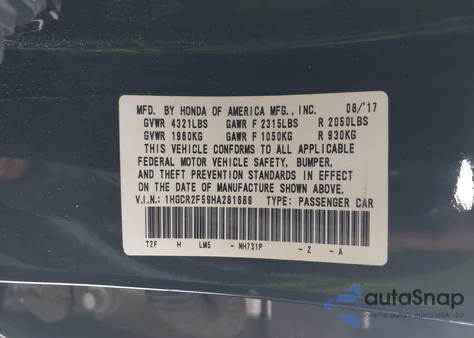 2017 Honda Accord Sport z USA, uszkodzony, nr VIN 1HGCR2F59HA281689